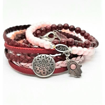 donkerrood / roze leren wikkel armband