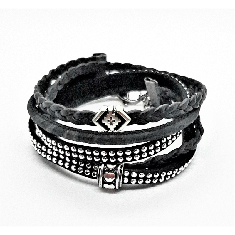 zwart leren wikkelarmband met strass 