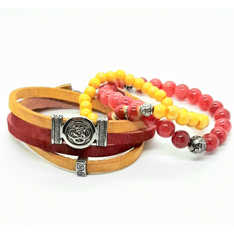 leren wikkelarmband rood/geel