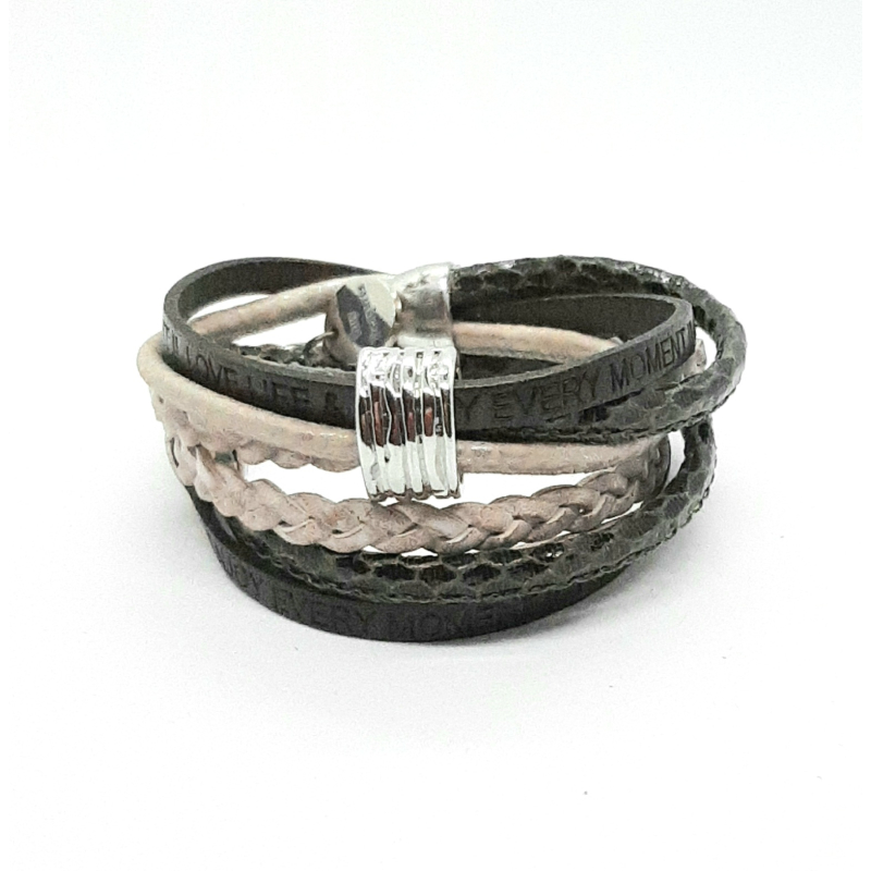 Leren wikkelarmband groen/beige