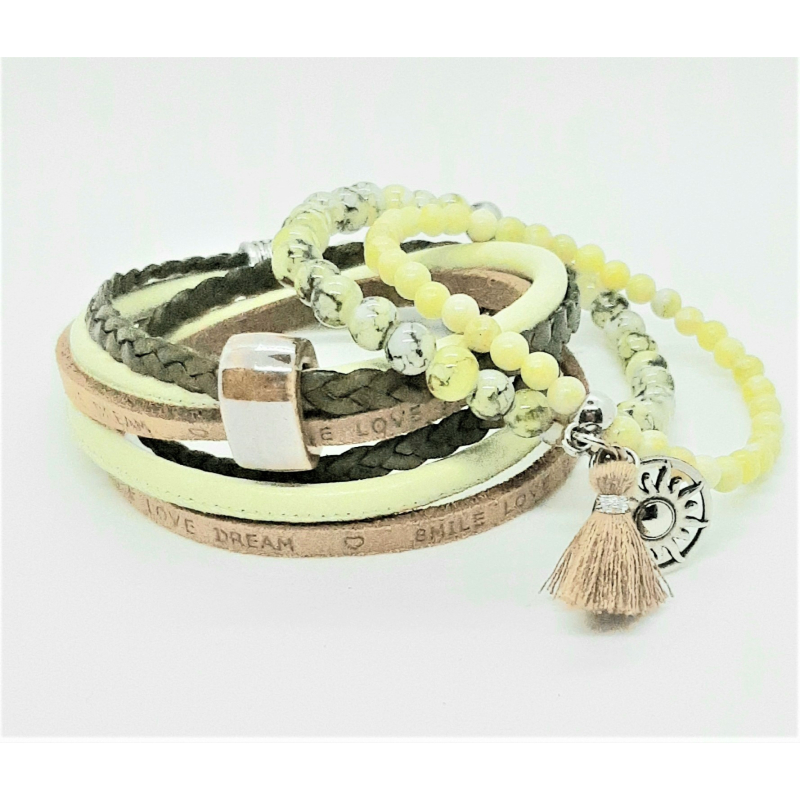 leren wikkelarmband limegroen/ bruin