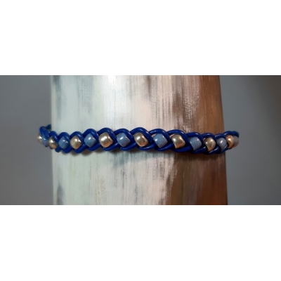 gevlochten leren schuifarmbandje blauw met zilver gevlochten leren schuifarmbandje blauw met zilver