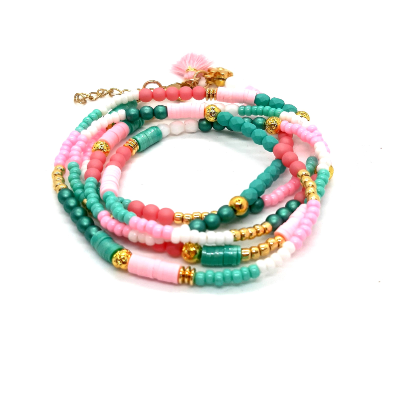 boho wikkelarmband in roze/ turquoise/ goud