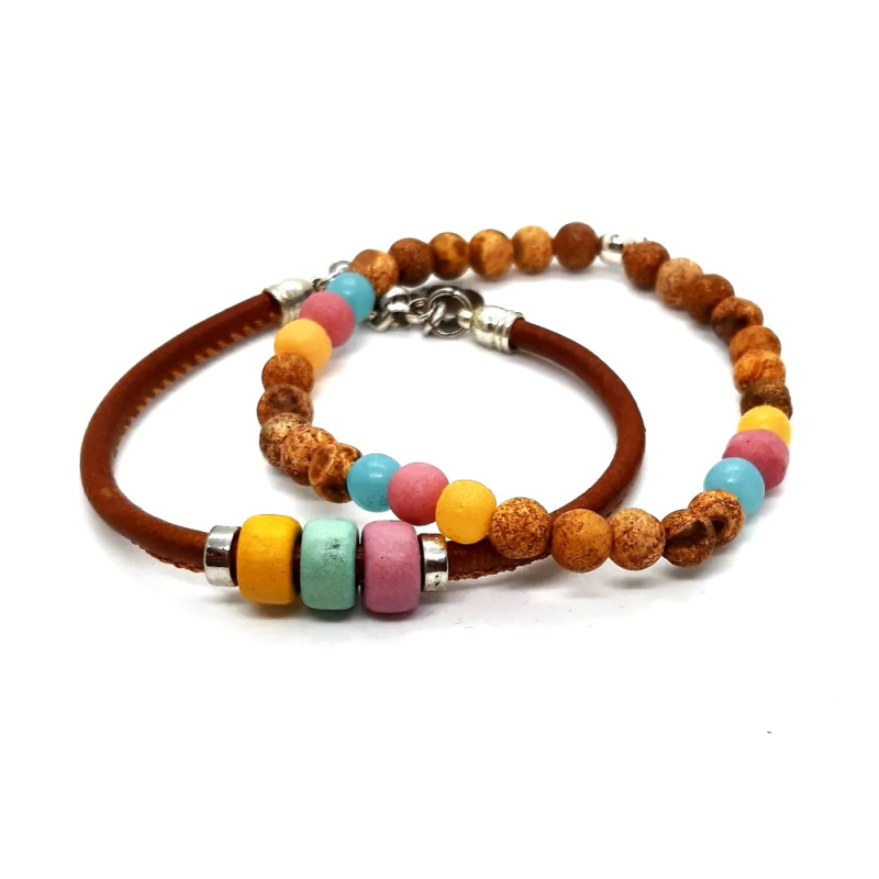 leren armband met kralen houttint