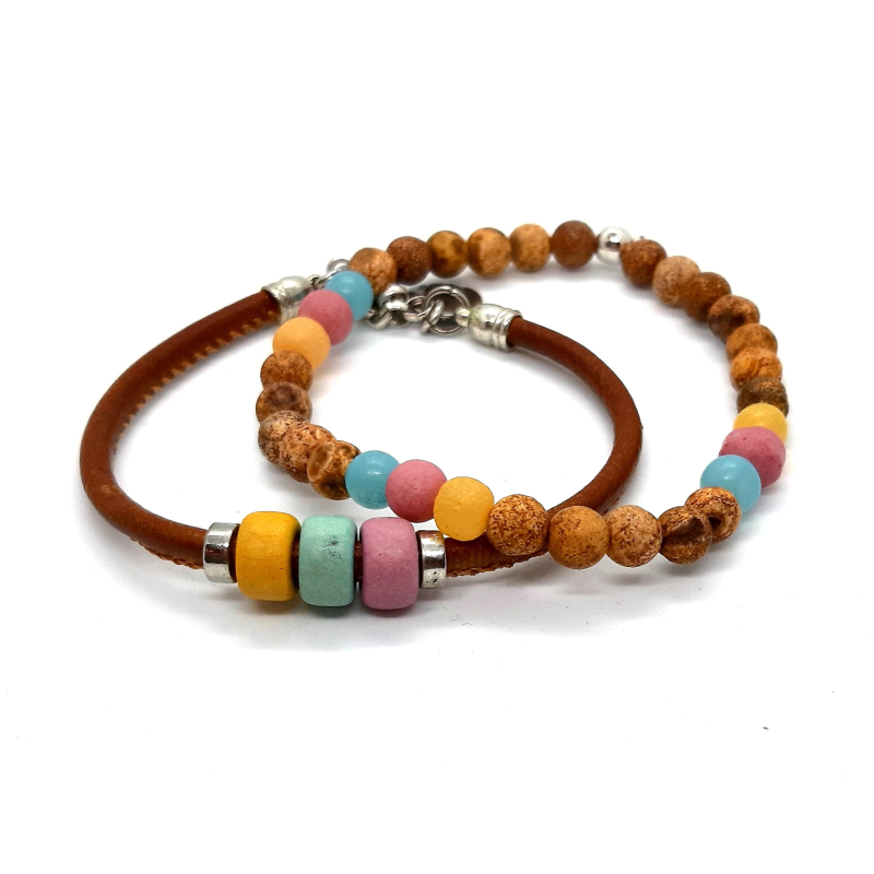 leren armband met kralen houttint