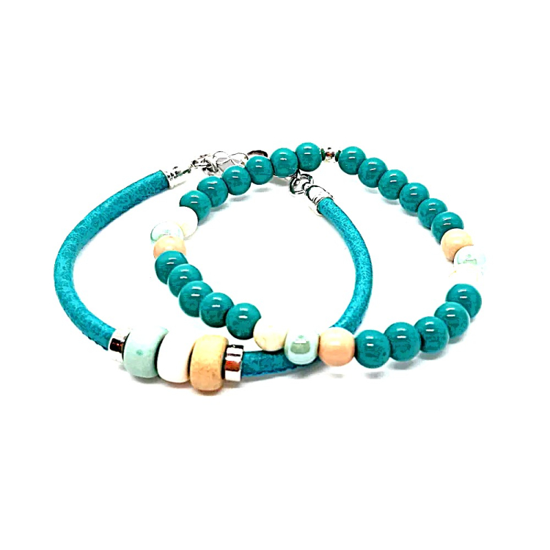 leren armband met kralen  in turquoise