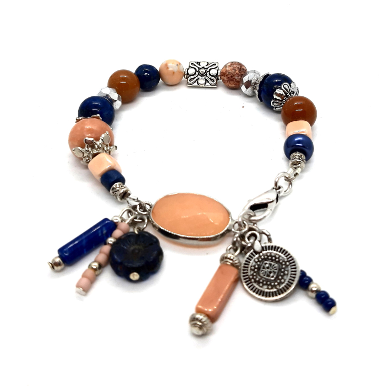 bohemian armband blauw met peach
