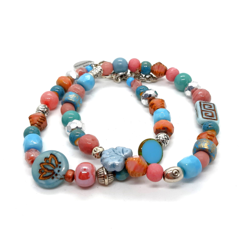 bohemian armbanden set blauw/ roze/ zilver