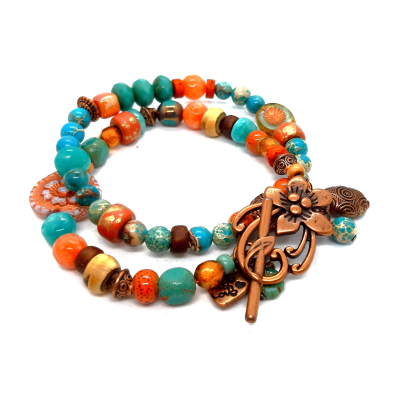 bohemian armband in zacht oranje en turquoise