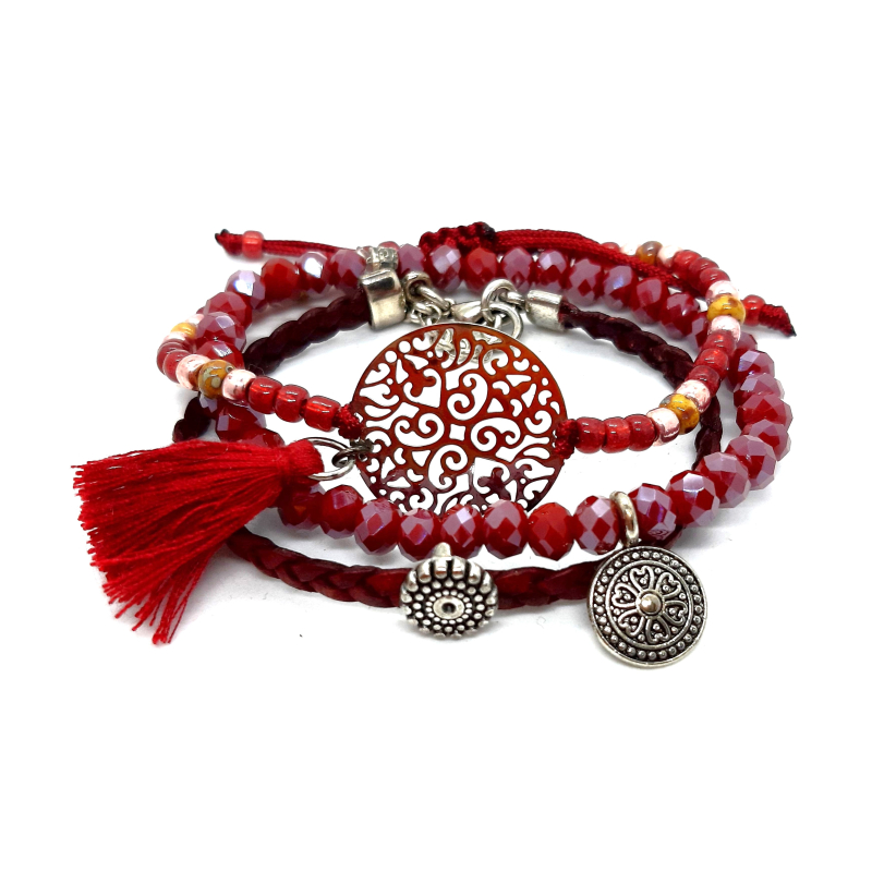 bohemian armband in wijnrood  met leer