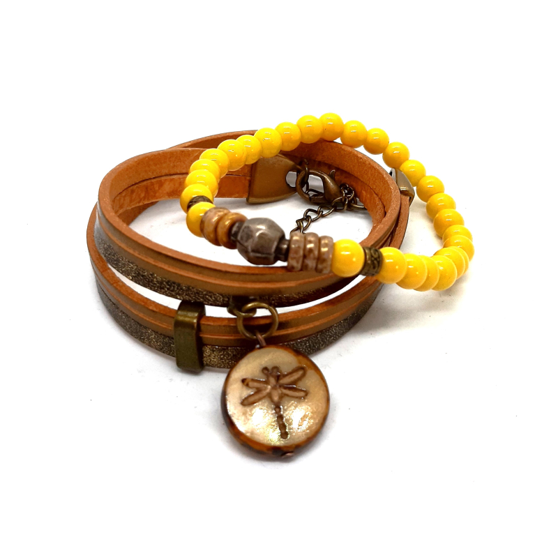 brons leren wikkel set