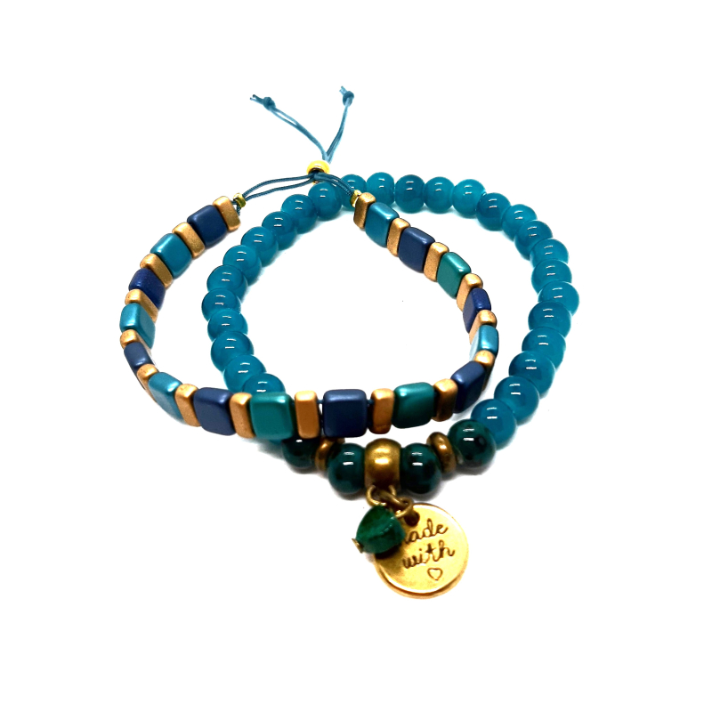 armbanden setje in petrolblauw/ goudbrons
