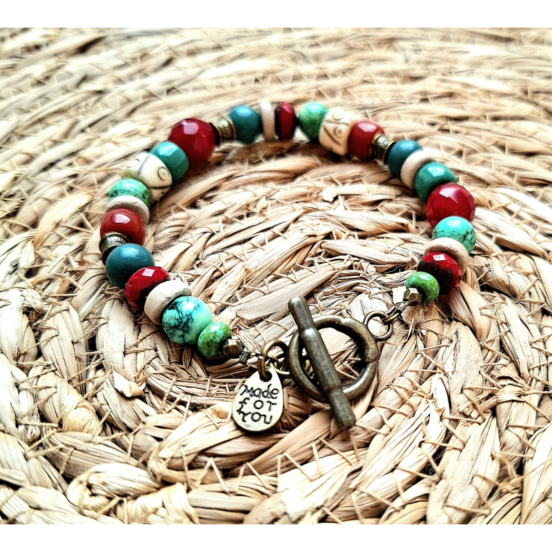 bohostyle armband wijnrood/ turquoise