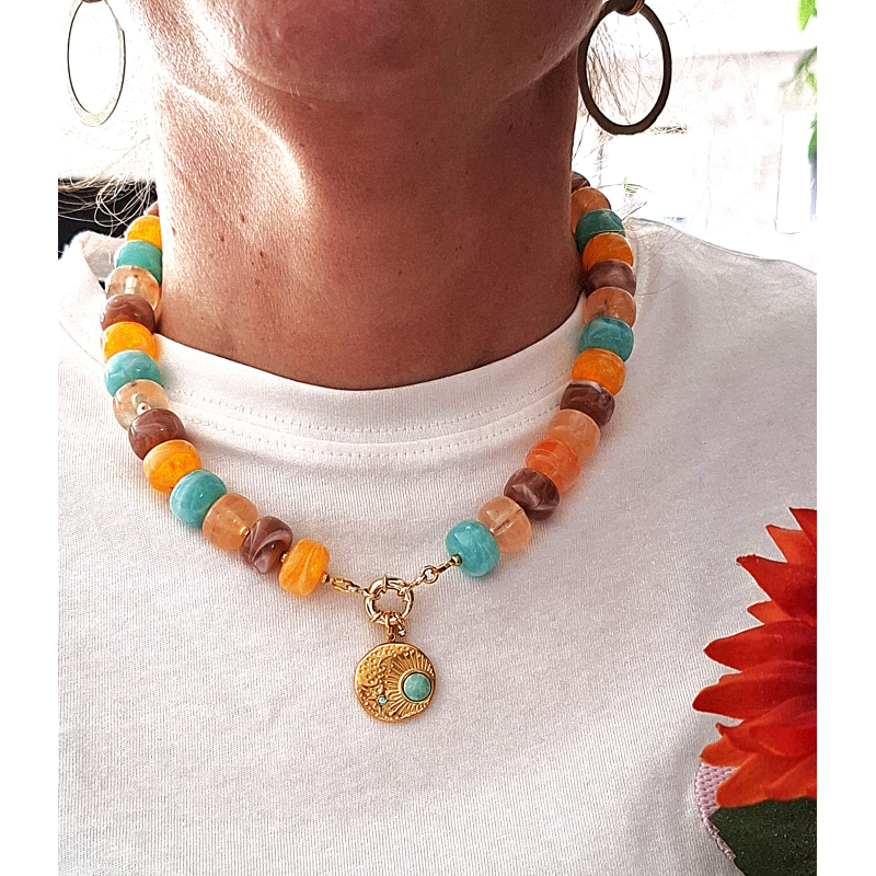 statement ketting turquoise/ oranje