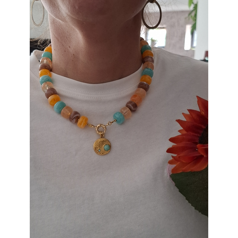 statement ketting turquoise/ oranje