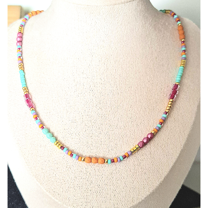 boho kettinkje fuchsia/ turquoise/ goud