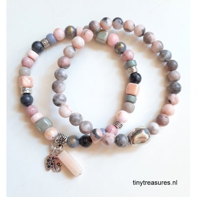natuurstenen armbanden set roze/ grijs