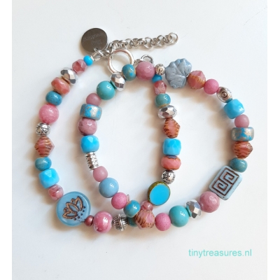 bohemien armbanden set blauw/ roze/ zilver