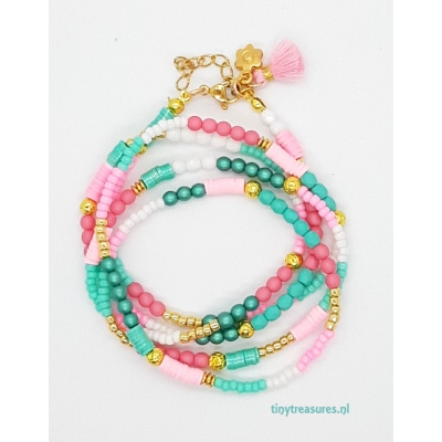 boho armband in roze/ turquoise/ goud