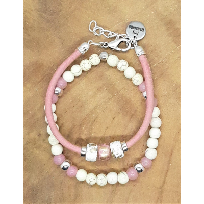 leren armband met kralen oud roze