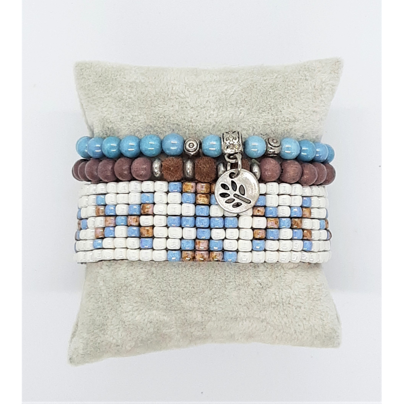 geweven set in jeansblauw/ wit en bruin