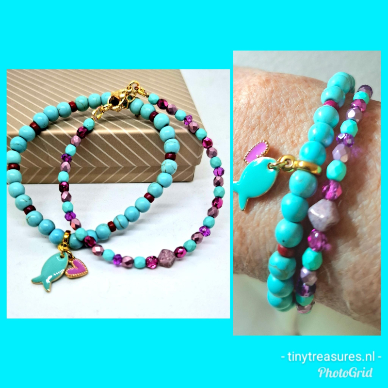 turquoise/ paarse armbanden set