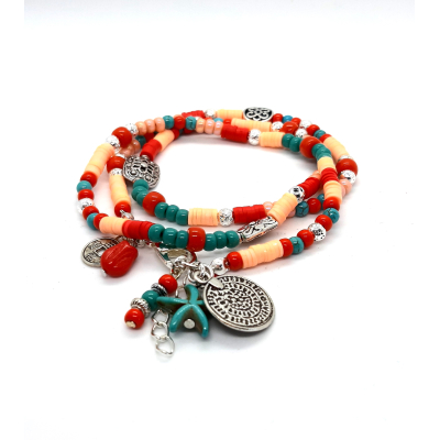 wikkelarmband in warm rood/ turquoise/ zilver en peach