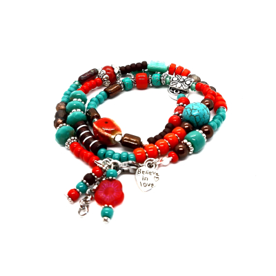 boho armband rood turquoise zilver