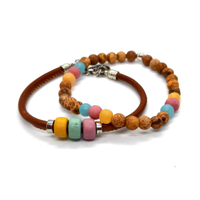 leren armband met kralen houttint