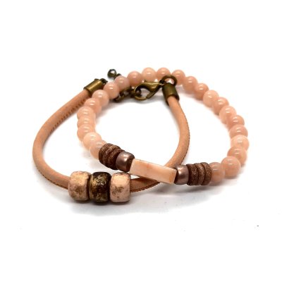 leren armband met kralen peach