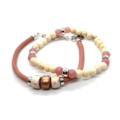 leren armband met kralen oud roze