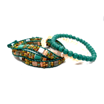 geweven set in teal groen / zacht roze