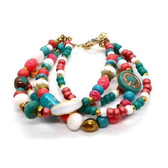 kralenarmband in roze/ turquoise/ wit en goud