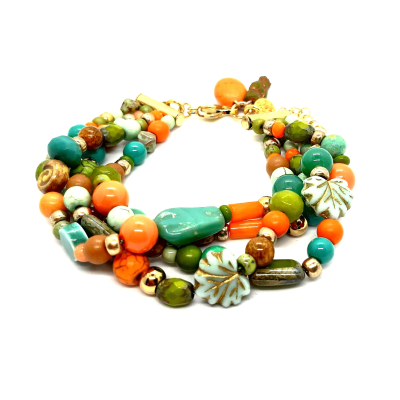 bohemian armband olijf, turquoise, oranje, goud