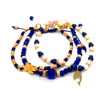 armbanden set in cobalt blauw/ goud/ heel zacht roze