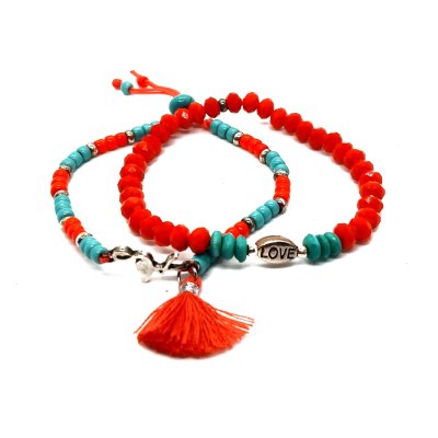 armband setje in rood/ turquoise