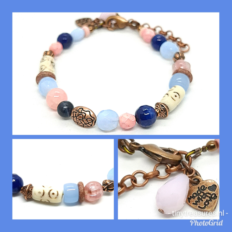 bohemian armband blauw/ roze/ koper