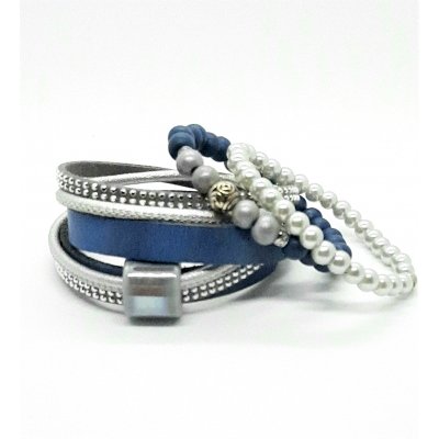 blauw leren wikkelarmband met strass
