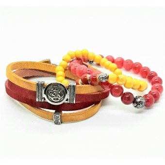 leren wikkelarmband rood/geel