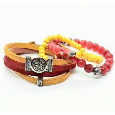 leren wikkelarmband rood/geel