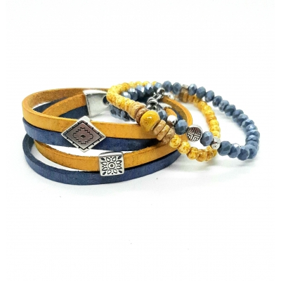 leren wikkelarmband geel/ blauw