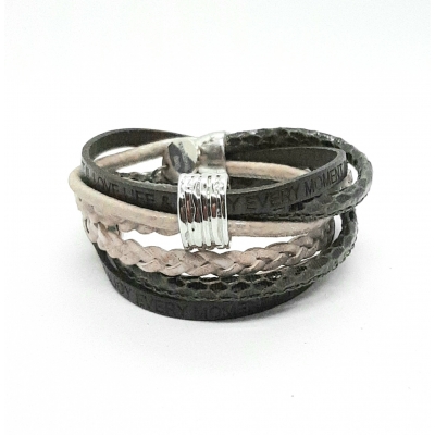 Leren wikkelarmband groen/beige