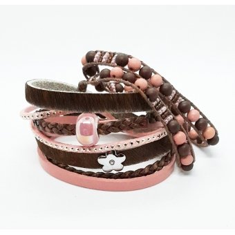 Vacht-leren wikkelarmband in bruin met oudroze