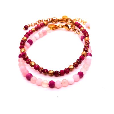 fuchsia/ roze/ gouden natuursteen armbanden setje